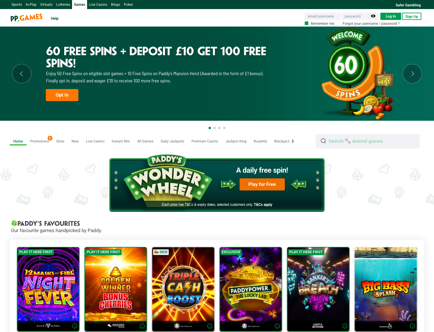 Paddy Power Games homepage