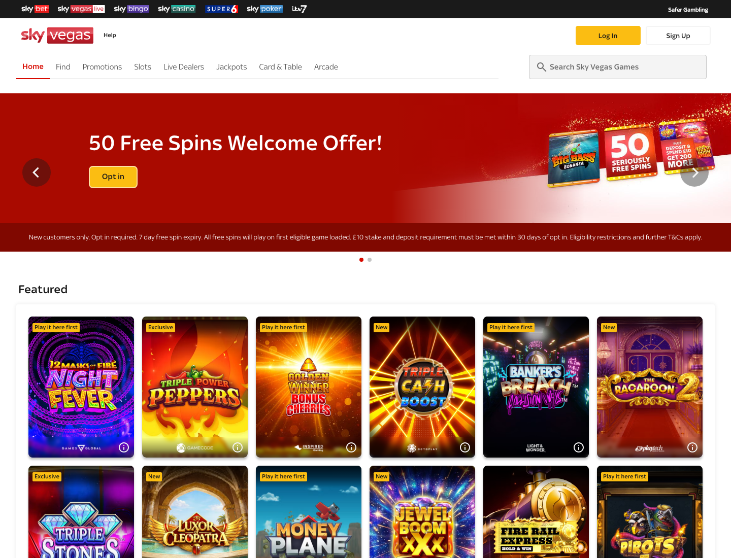 Sky Vegas homepage